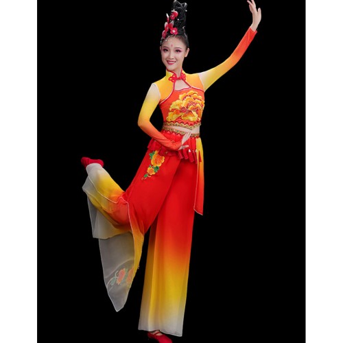 Red with yellow Chinese Folk Dance Dress for Women Girls Traditional Classical Yangge drum dance performance costumes female fan umbrella dance clothes classical dance suit
